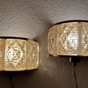 Vitrika sconce set, stunning set of 2 crescent shaped Brass and thick sculptured glass lamps, midcentury Danish design