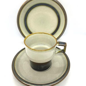 May include: A vintage ceramic teacup and saucer set with a matching dinner plate. The cup and saucer are light gray with a dark brown band and trim. The dinner plate has a similar design with a dark blue band.