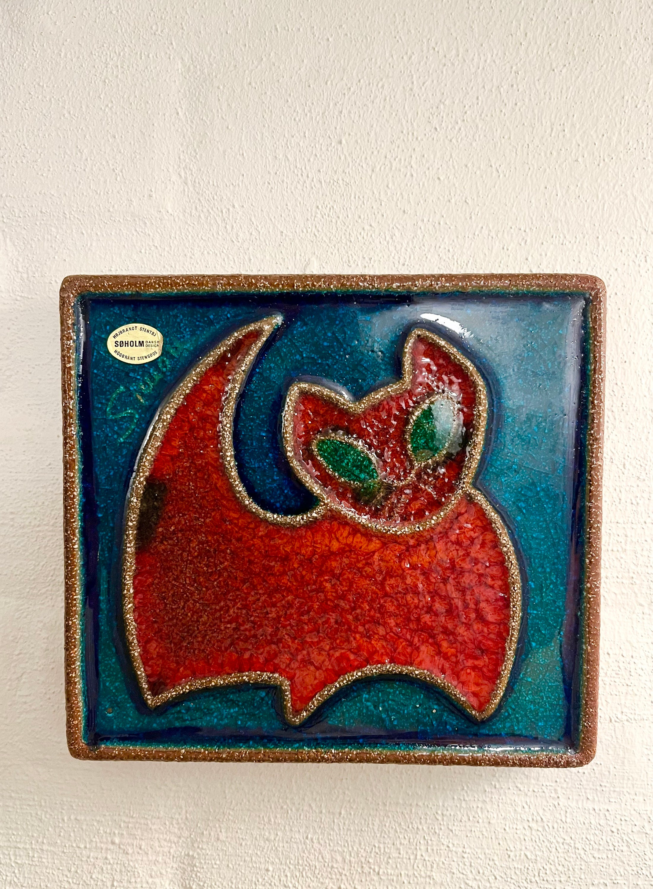 Soholm Ceramic Wall Plate With Bright Red Cat, MINT Signed Joseph