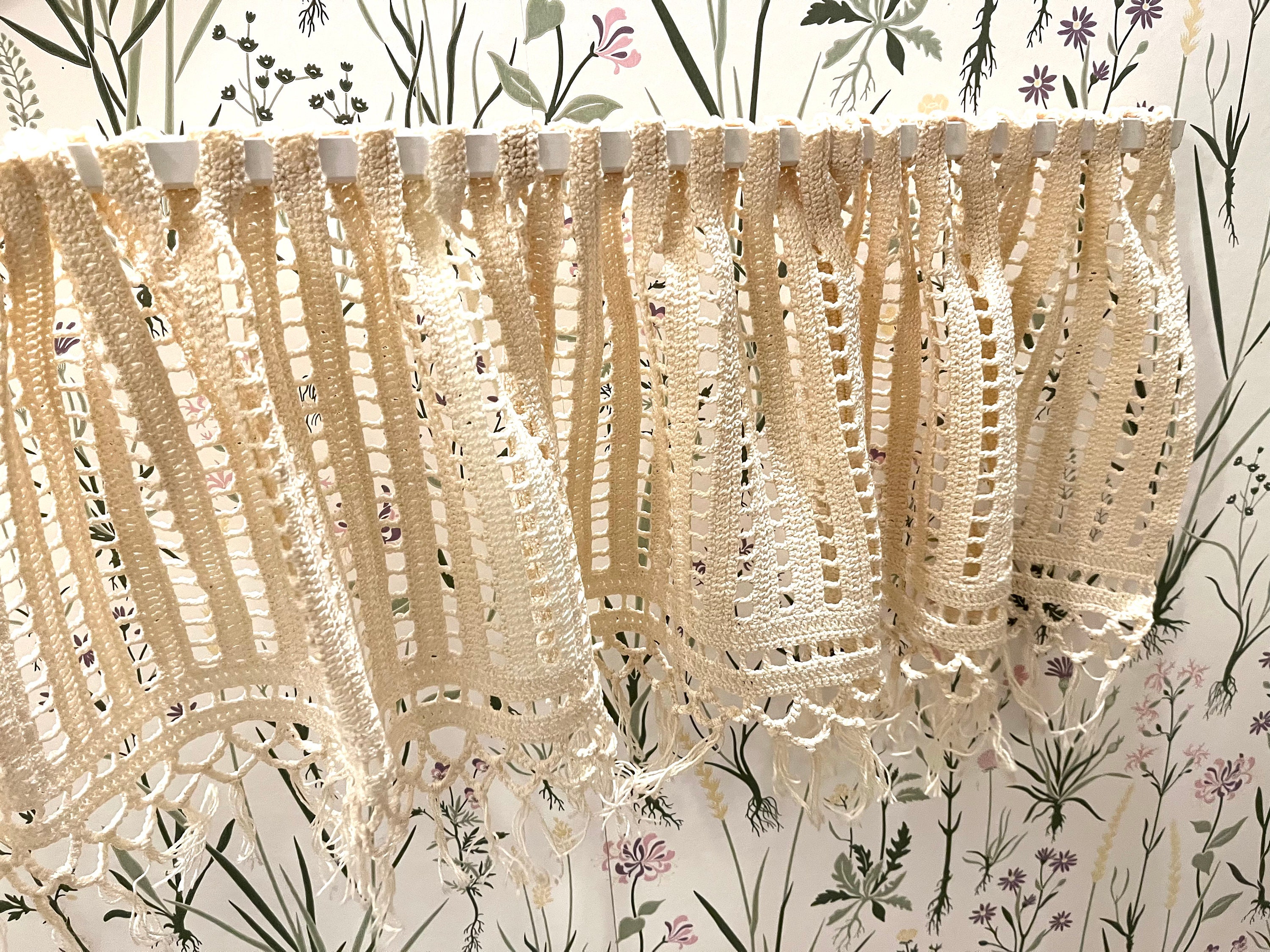Danish Crochet curtains, mint condition handmade crochet cotton curtain, cream colored, vintage Danish handcraft 1960s.