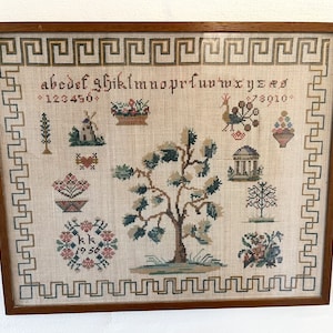 Danish Cross stitch sampler, large framed Needlepoint in original frame from 1956, vintage Danish handcraft