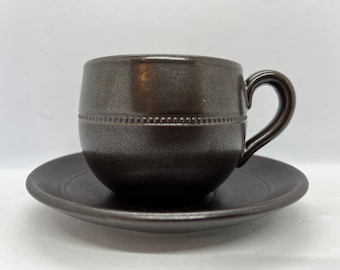 Höganäs teacup, Old Höganäs Pärlband ceramic LARGE teacup duo sets dark brown, John Andersson Swedish midcentury design
