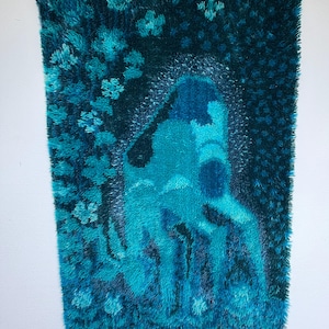 Danish Rya Rug/ Tapestry 100% Wool, &quot;Bambi&quot; motif, Blue and Green colored Rya rug / wall hanger, vintage Danish design