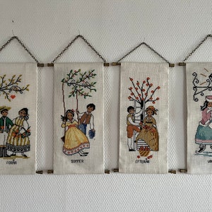 Danish Cross stitch / needlepoint, set of 4 seasons wall hangers hand embroidered, Danish handcraft tradition 1960es/1970es