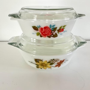 Vintage JAJ Pyrex casseroles with lid, set of two Mint condition Cottage Rose and Autumn Glory casseroles,  vintage JAJ English Pyrex