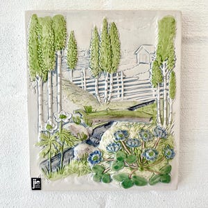 JIE Gantofta Sweden, MINT 23 x 19,5 cm ceramic plaque, depicting a Creek in beautiful nature settings, Aimo Nietosvuori, Swedish vintage