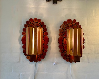 Unique Swedish sconce set, set of two pine Wall Lamps, handmade Country home style, handmade 1970s, vintage Swedish design