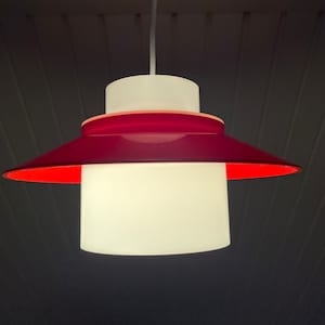 Lyfa Dinette ceiling lamp, Bent Karlby Red and White acrylic shades, mint condition vintage lamp design, vintage Danish