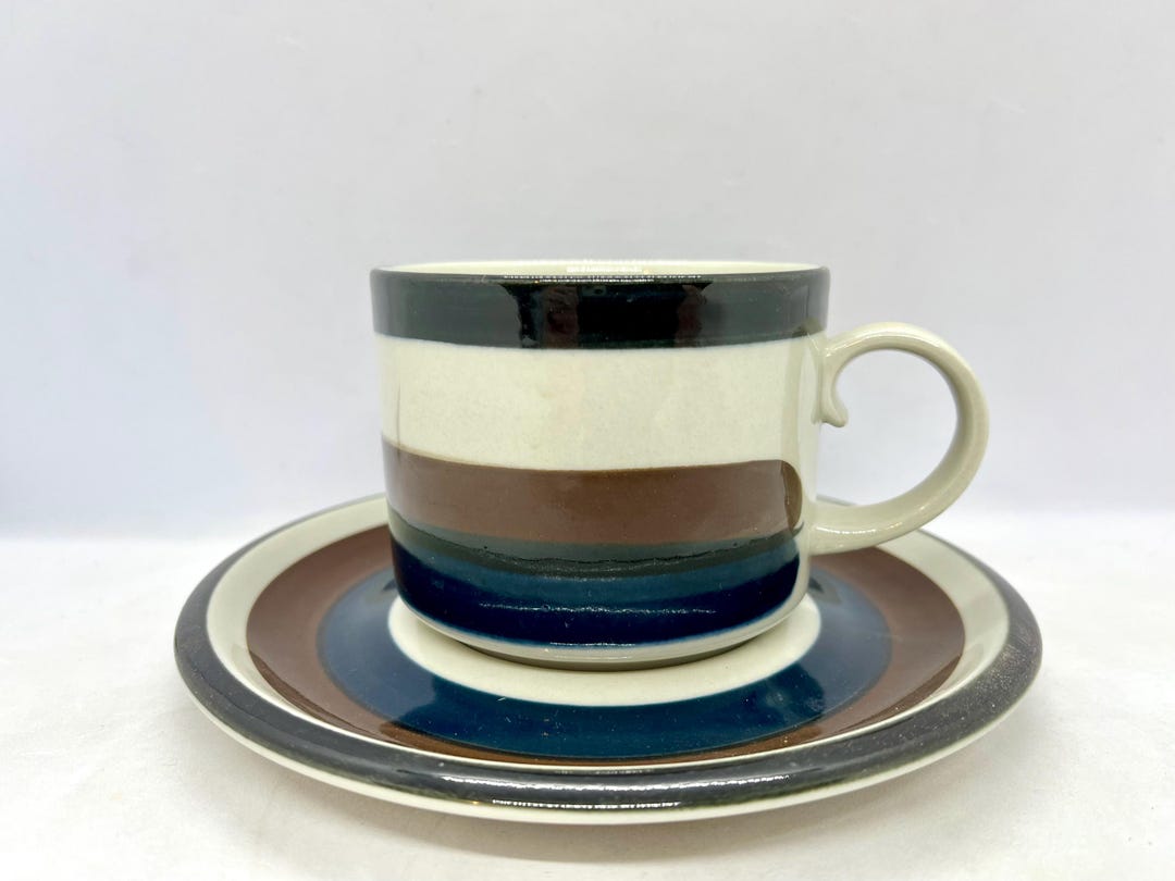 Arabia Kaira Teacup Hand Painted, Large Size Vintage Stoneware Duo