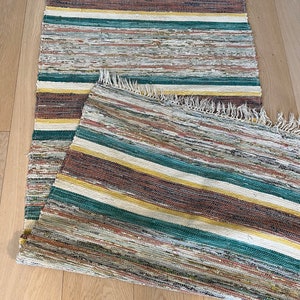Swedish vintage handmade rag Rug, LARGE 1970s  HANDMADE  multicolor handwoven cotton floor rag rug 290 x 75 cm, vintage Swedish