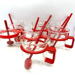 Bodum Bistro RED, Vintage Danish set of 7 Tea / Coffee cups with spoons, Carsten Jørgensen vintage/Retro  Danish design