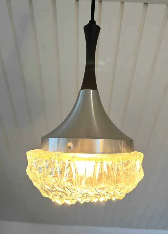 Danish pendant lamp, Vintage teardrop pendant lamp metal and Rosewood  ceiling lamp, mint heavy sculpted glass shade, Danish vintage design