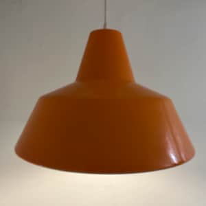 Louis Poulsen workshop lamp Orange, original heavy metal with enamel coating inside and outside, vintage Danish lamp design