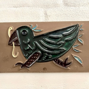 Mari Simmulson ceramic wall plate, signed EXTREMELY RARE plaque, Crazy Bird motif, Upsala Ekeby vintage Swedish ceramics