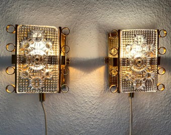 Orrefors Wandleuchter, Carl Fagerlund / MPR Denmark Zusammenarbeit, Hollywood Regency Messing und Kristallglas, schwedisches Design