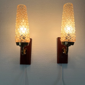 Danish Teak sconce set, mint Teak sconces with stunning Luster glass shades,  Mid Century wall Lamp Danish design
