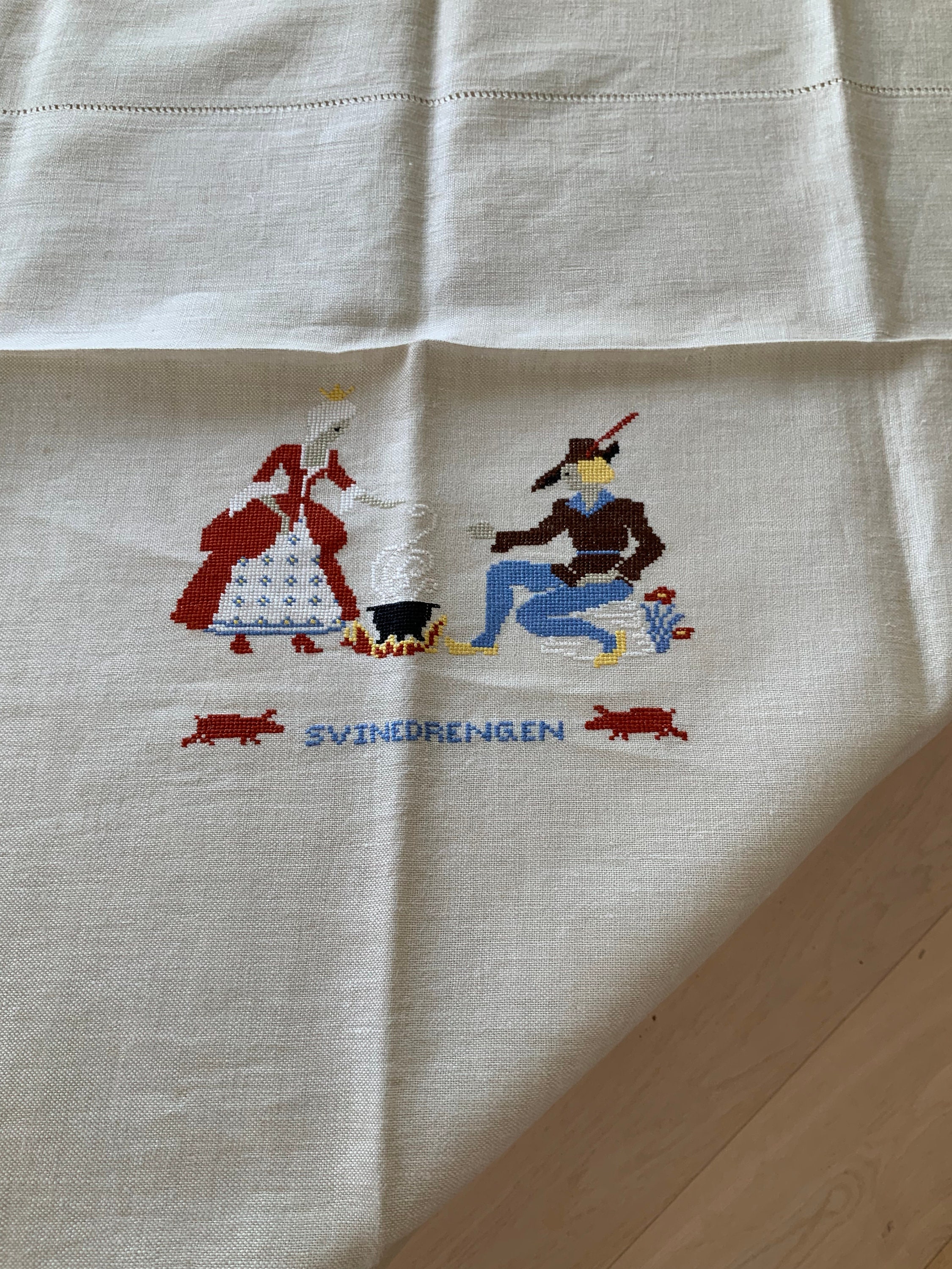 Danish tablecloth, hand embroidered tablecloth with patterns from Hans Christian Andersen fairy tales, vintage Danish handcraft