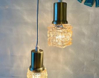 Vintage pendant lights, mint condition Danish/Swedish glass and Brass colored pendants, thick sculptured glass shades, midcentury design