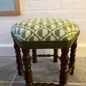Vintage French Wooden Stool Adjustable Height Cushioned Footstool