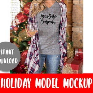 Christmas Model Mockup, V-Neck Bella Canvas 6405 Flat Lay, Styled Flat Lay Styled Mockup Bella Canvas Flat Lay Display Mockup Tee Display