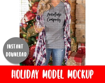 Christmas Model Mockup, V-Neck Bella Canvas 6405 Flat Lay, Styled Flat Lay Styled Mockup Bella Canvas Flat Lay Display Mockup Tee Display
