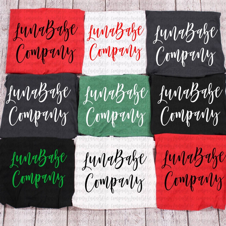 May include: Nine different t-shirts with the text "LunaBabe Company" printed on them. The shirts are in various colors, including red, white, black, and green.