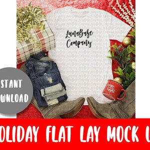 Christmas T-shirt Flat Lay, Tshirt Display Next Level Flat Lay, Styled Flat Lay Styled Mockup, Bella Canvas Flat Lay, Holiday Display Mockup