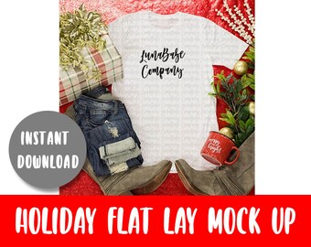 Christmas T-shirt Flat Lay, Tshirt Display Next Level Flat Lay, Styled Flat Lay Styled Mockup, Bella Canvas Flat Lay, Holiday Display Mockup