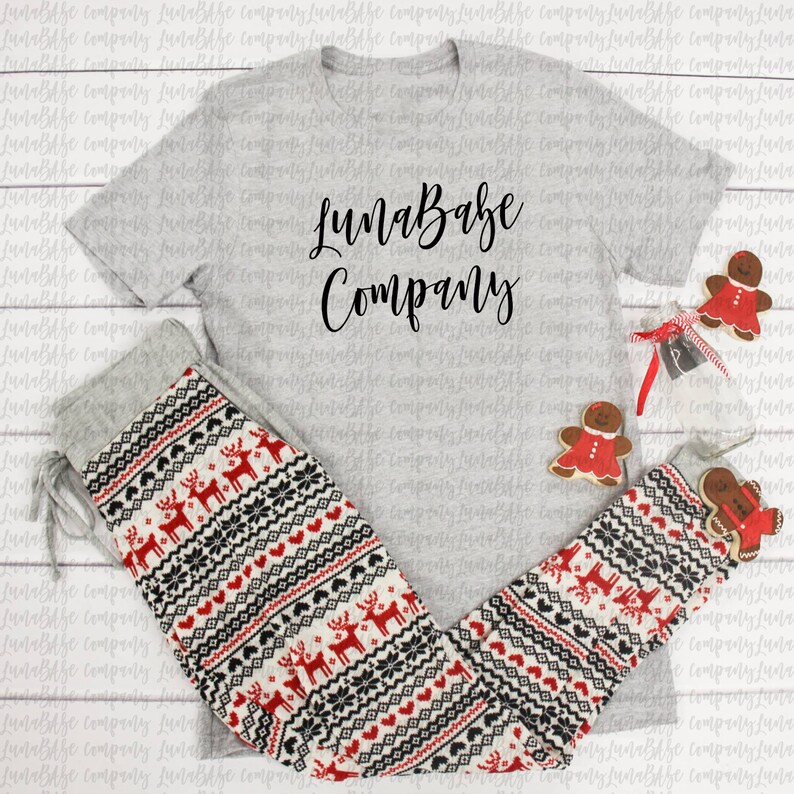 May include: A gray t-shirt with the text "LunaBabe Company" printed on it. The t-shirt is paired with red and white patterned pajama pants.
