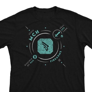 May include: Black t-shirt with a white circle design featuring the text "MCH" and "FIREARMS" with a teal icon of a gun and the text "DISCIPLE OF WAR" and "FFXIV".