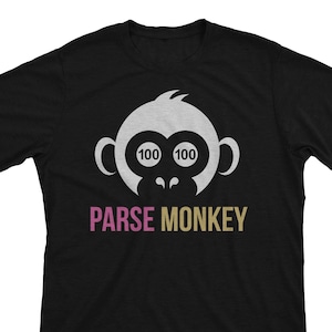 May include: Black t-shirt featuring a white cartoon monkey wearing a white hat with the numbers "100 100" on it. The text "PARSE MONKEY" is printed in pink and gold below the monkey.