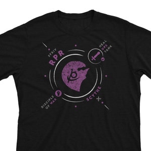 May include: Black t-shirt with a white circle design featuring the text "RPR" and "DISCIPLE OF WAR" with a purple icon of a scythe. The text "FFXIV" is also included in the design.