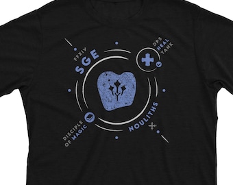 May include: Black t-shirt with a white circle design featuring the text "SGE" and "FFXIV" with a blue icon of a stylized tooth with three white points. The text "Disciple of Magic" and "Noultiths" are also included in the design.