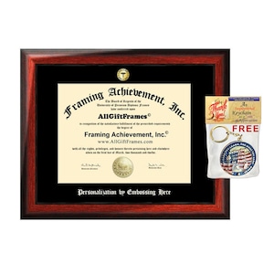May include: A mahogany wood frame with a black mat surrounds a diploma with the text "Framing Achievement, Inc." and "AllGiftFrames.com". A gold seal with a caduceus is visible on the diploma. A free keychain with the text "Thank You!" is included.