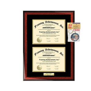 May include: A mahogany wood frame with a black mat and two diplomas inside. The diplomas are for Framing Achievement, Inc. and feature the company logo and website address. A free keychain with a red, white, and blue design is included.