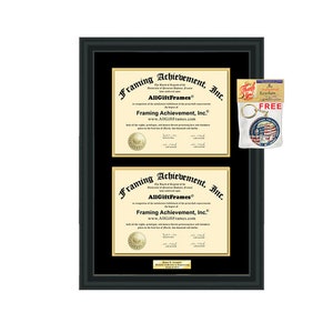 May include: A black framed double diploma display with gold accents. The diplomas are for Framing Achievement, Inc. and AllGiftFrames. The frame includes a free keychain with a red, white, and blue design.