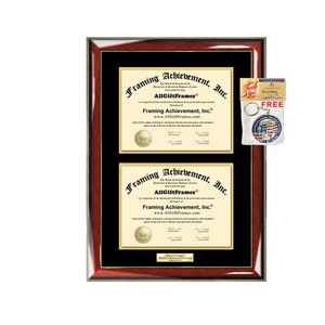 May include: A mahogany-colored frame with a gold trim, displaying two black mats with white text. The text reads "Framing Achievement, Inc." and "AllGiftFrames". A small keychain with a red, white, and blue design is included.