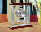 Luxury Engrave Spinning 360 Degree Clock Suspended Glass Metal Chrome 4 Chrome Pillars Silver Personalization Desk Top Mantel Wedding Gift