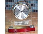 Personalized Desk Clock Round Arch Glass on Wood Base Metal Chrome Case Silver Engraved Promotion Coworker Boss Executive Going Away Gift