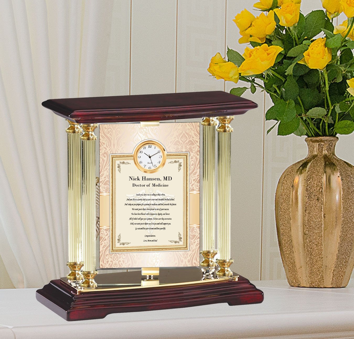 Best Medical School Graduation Gift New Doctor Future Physician Custom Gold Metal Brass Desk Table Swivel 360 Degree Clock Present Graduate