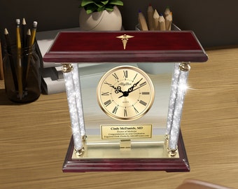 Doctor of Medicine Gift Retirement Years of Service Clock Engraved Crystal Diamond Accents Personalized Award Plaque Physician Nurse RN MD