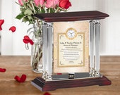 Student School Graduation Clock Graduate Pharmacist Mortar Pestle Doctor of Pharmacy PharmD Pharm Tech Silver Metal Engrave Desk Mantle