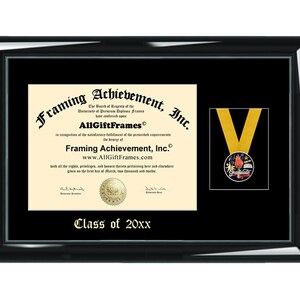 May include: Black diploma frame with a gold medal and a yellow ribbon. The frame has a black mat and a black background. The diploma is for a graduate of the University of Permism. The text on the diploma reads "Framing Achievement, Inc." and "Class of 20xx".
