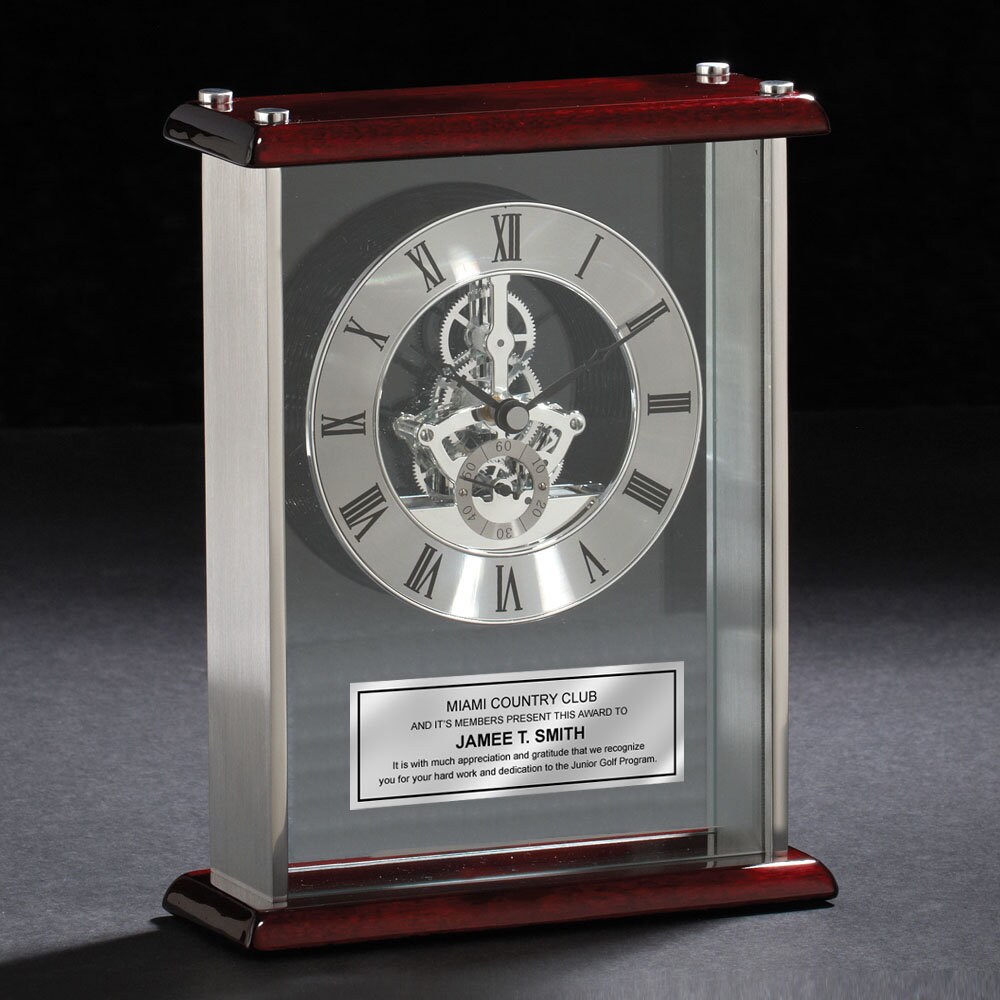 AllGiftFrames Wood Mantel Arch Desk Clock Gold Davinci Dial Gear Engraved Executive Retirement Gift Service Award Recognition Corporate