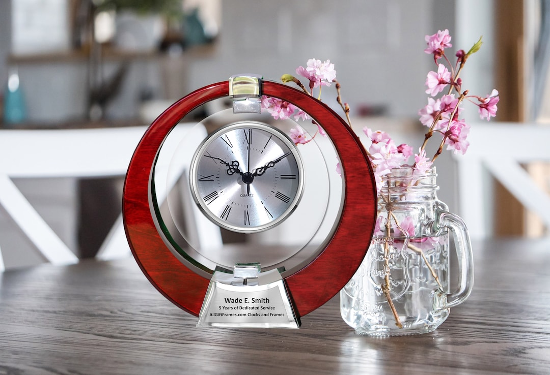 Unique Engrave Desk Clock Spinning 360 Glass Silver Table Top Clock