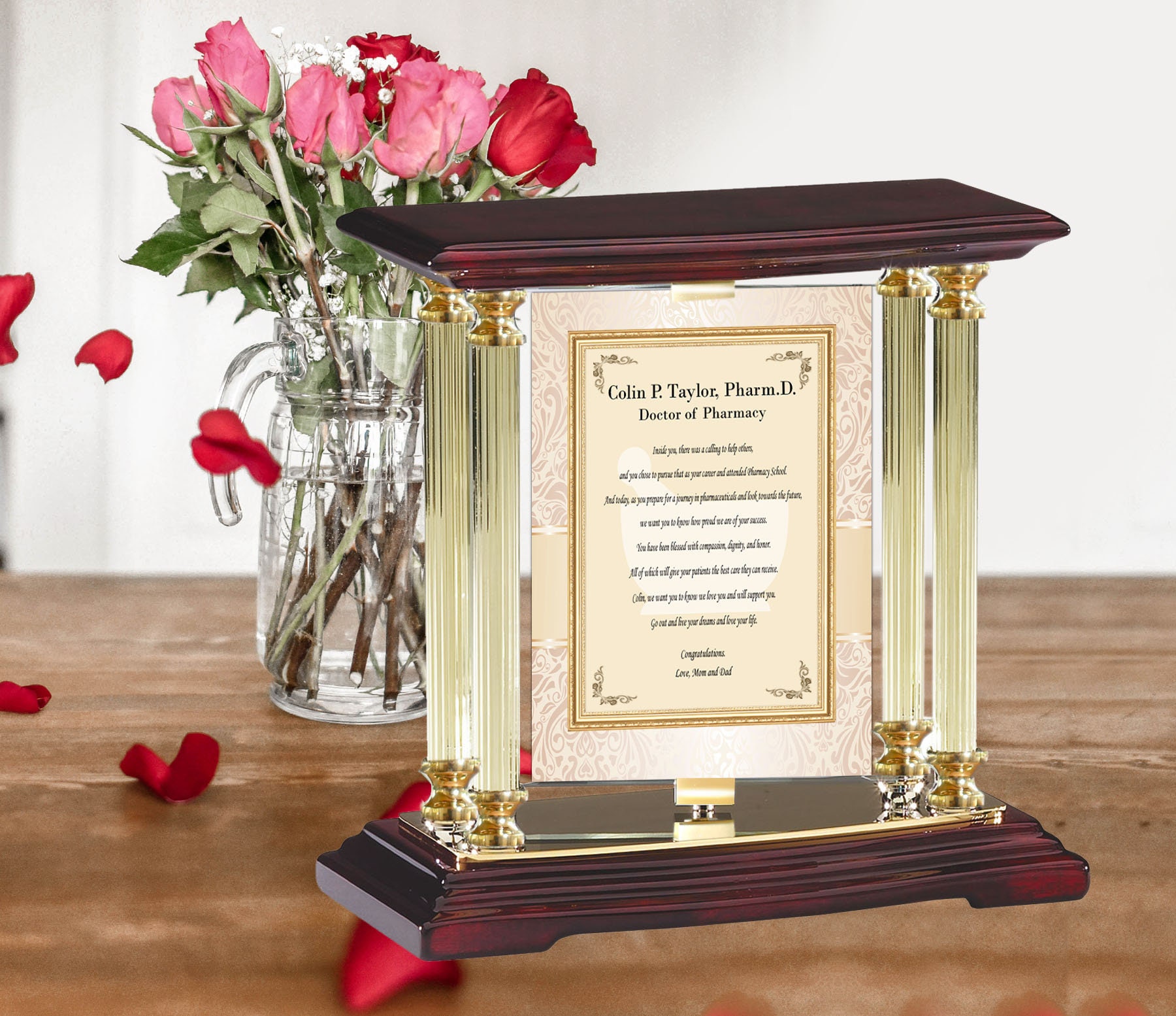 Brass Gold Desk Mantel 4 Column Pharmacy School Graduation Gift Congratulation Poem Table Top Rotating Pharmacist Doctor Of Pharmd