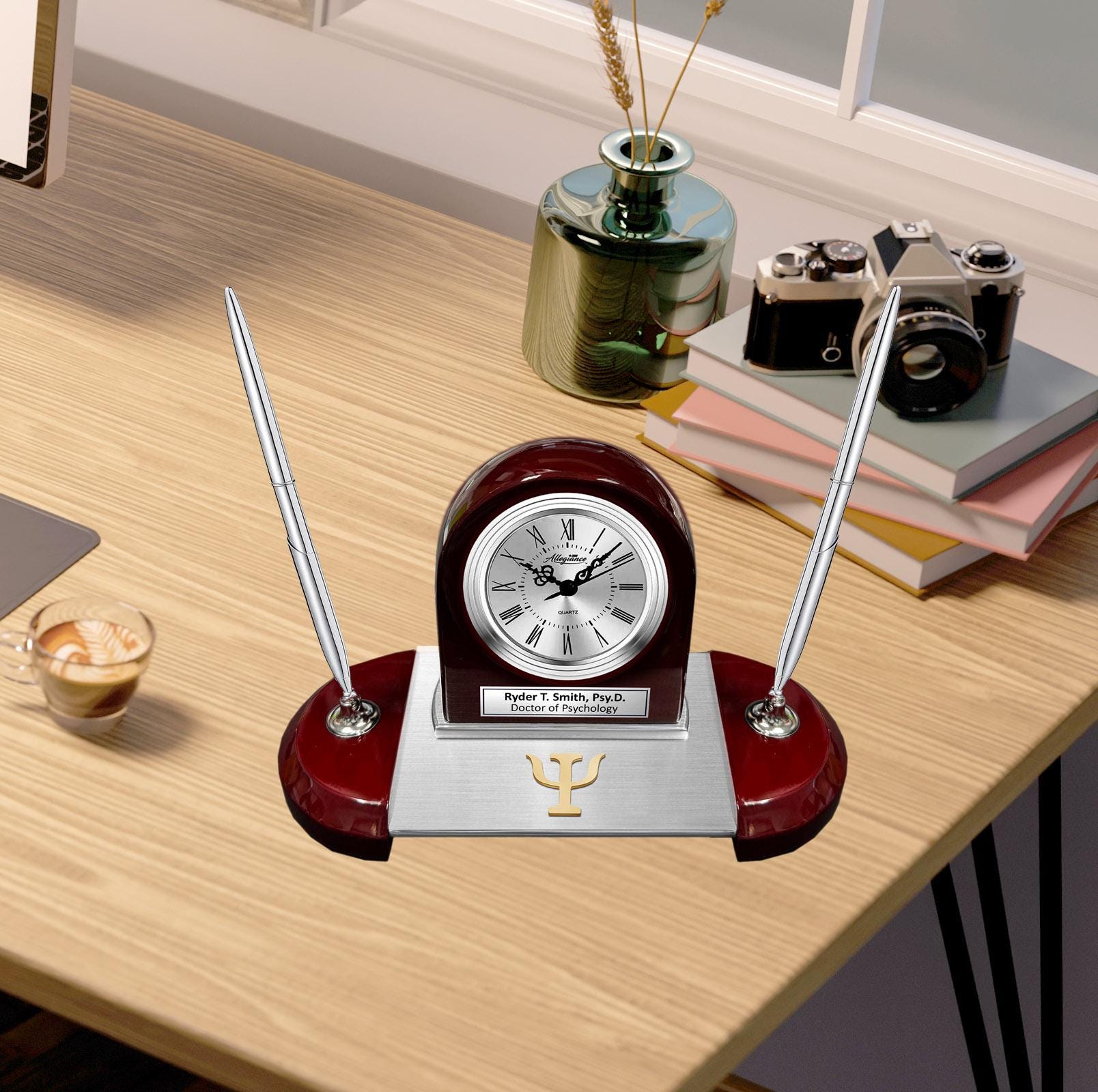 Engrave desk clock with psychology logo silver pen set personalized office name plate employee appreciation nameplate congratulation gift