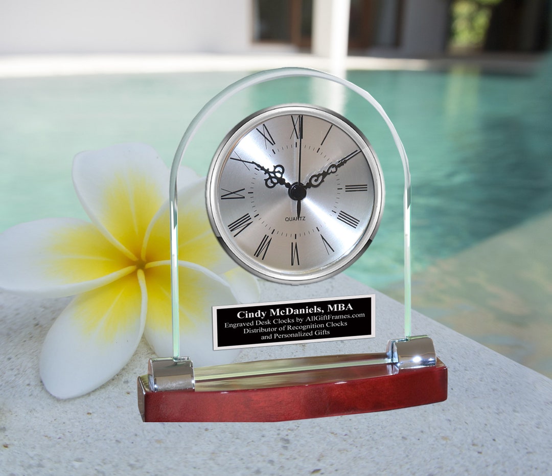 Personalized Engraved Crystal Clock - Faceted Gem Cut Top, Gold Gear Display, Retirement, Wedding, Anniversary Gift