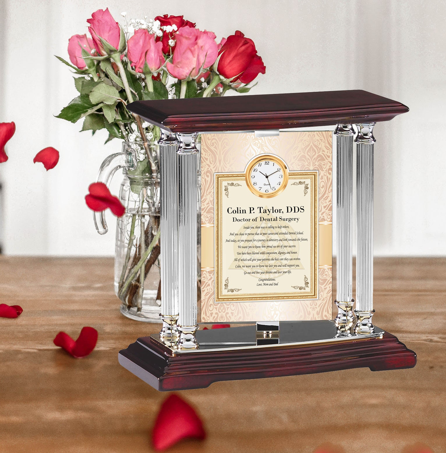 Dental Student School Graduation Message Gift Clock Dentist Graduate Dds Dmd Silver Metal Desk Mantle Column Post Table Swivel 360 Degree