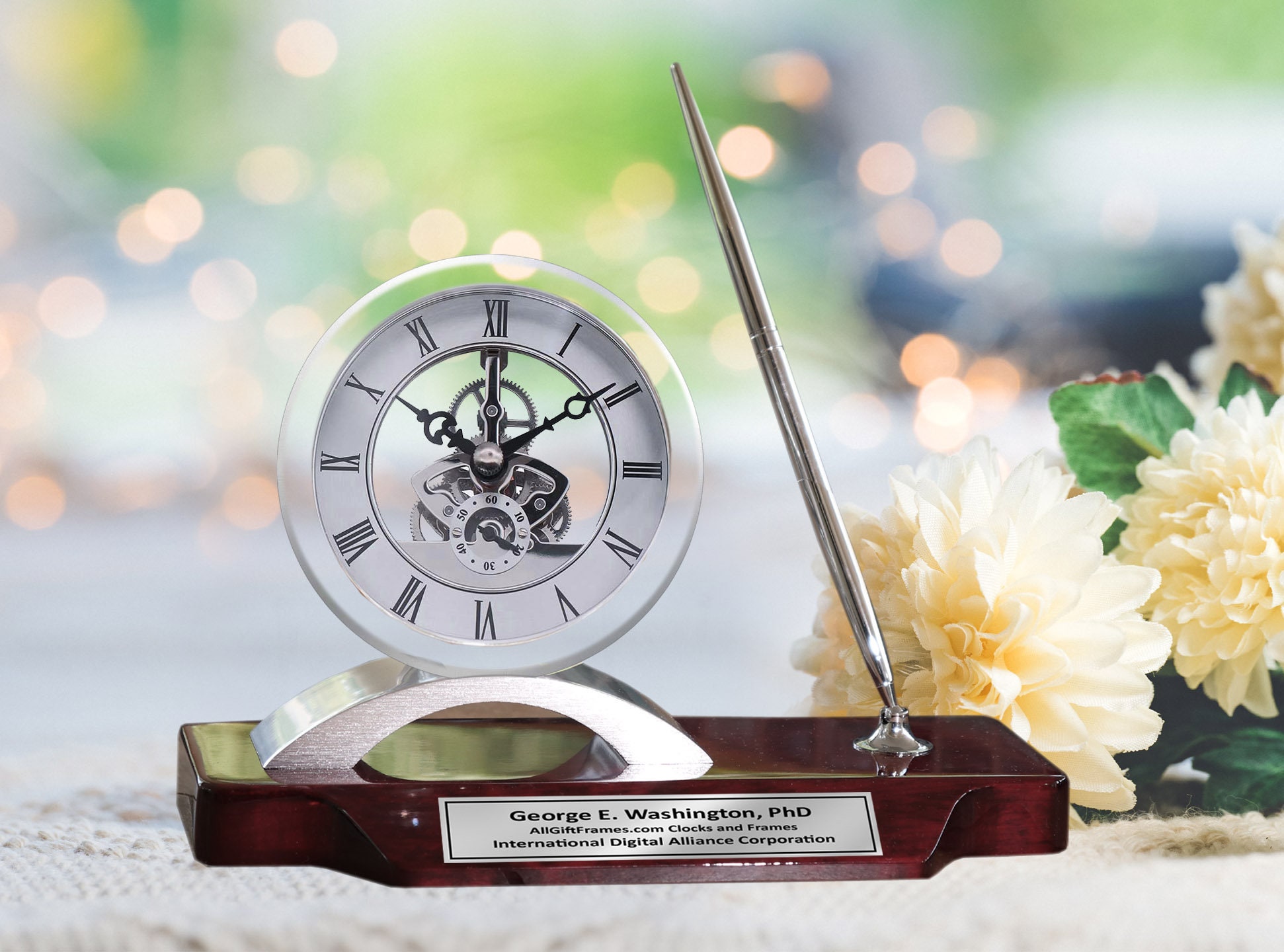 Luxury Desk Clock Metal Pen Wood Cherry Name Display Plate